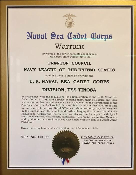 Framed Naval Sea Cadet Corps warrant for Division, USS Tinosa. Features official seal, signatures, and details about the organization.