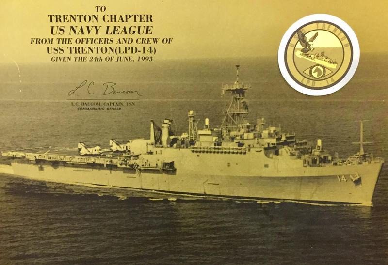 Image of the USS Trenton (LPD-14) with an inscription dated June 24, 1993, thanking the Trenton Chapter of the US Navy League, signed by Captain L.C. Brown.