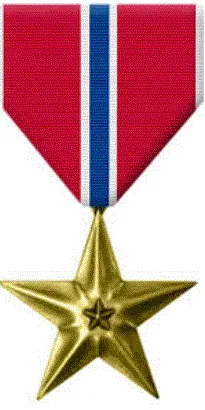 A gold star medal with a red, white, and blue striped ribbon.